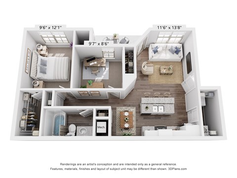 Floor plan for 2 beds, 1 bath, 926 sqft